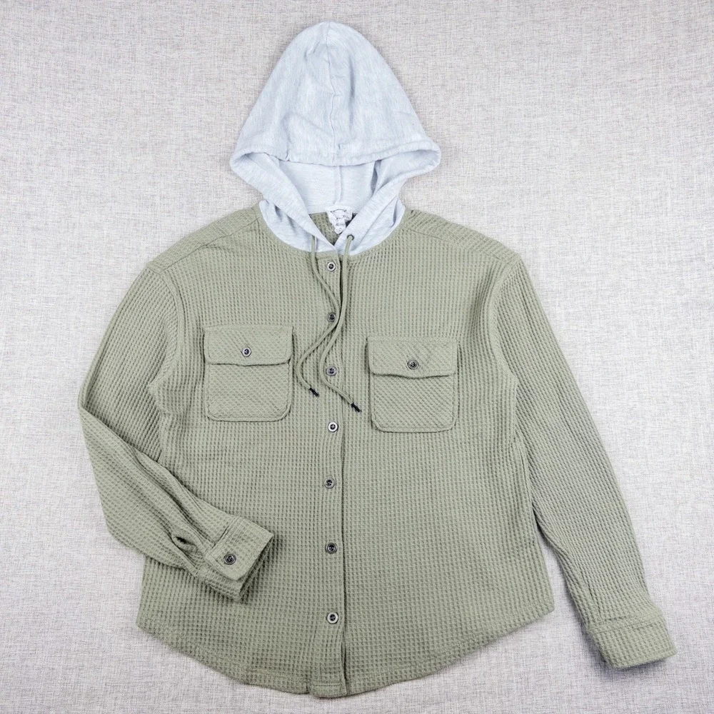 Hippie Rose Juniors Hooded Waffle Knit Button Shacket Sage Green Size S - Picture 1 of 8